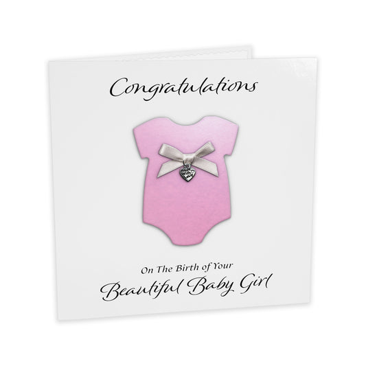 New Baby Card (Heart Charm & Bow) - White Cardstock / Powder Pink