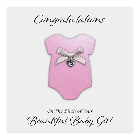 New Baby Card (Heart Charm & Bow) - White Cardstock / Powder Pink