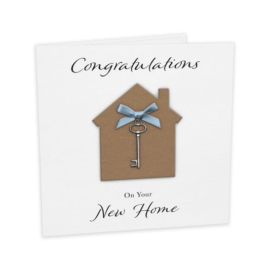 New Home Card (Key Charm & Bow) - White Cardstock - Blue Bow