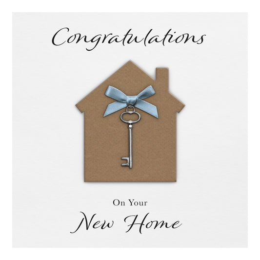 New Home Card (Key Charm & Bow) - White Cardstock - Blue Bow