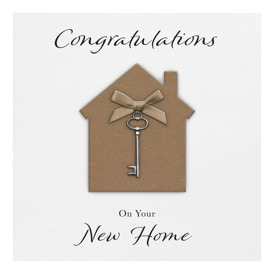 New Home Card (Key Charm & Bow) - White Cardstock - Brown Bow