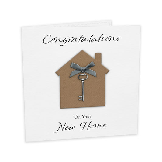 New Home Card (Key Charm & Bow) - White Cardstock - Grey Bow