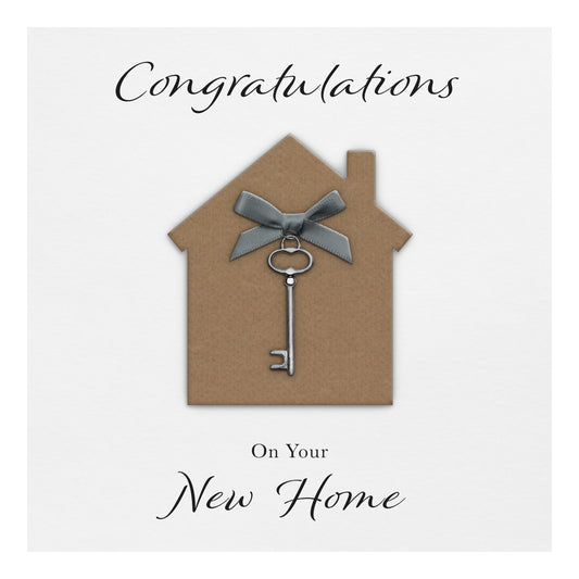 New Home Card (Key Charm & Bow) - White Cardstock - Grey Bow
