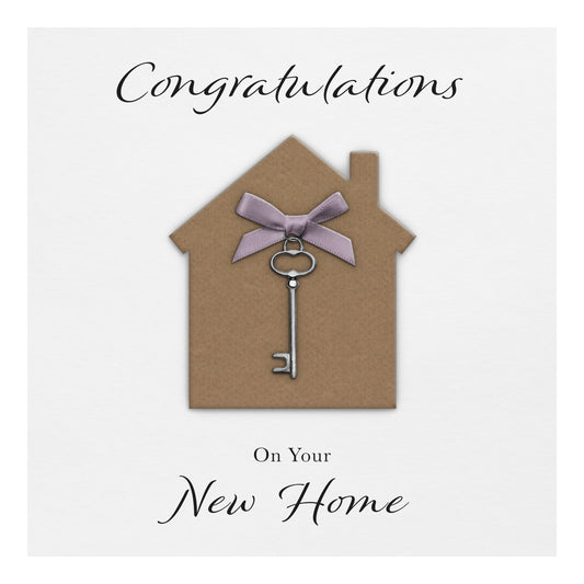 New Home Card (Key Charm & Bow) - White Cardstock - Lilac Bow