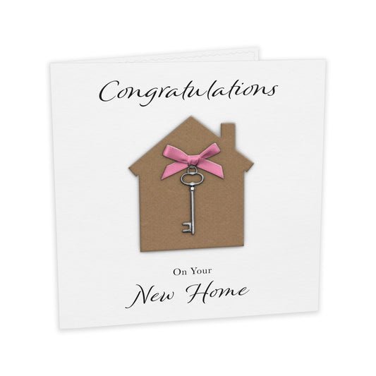 New Home Card (Key Charm & Bow) - White Cardstock - Pink Bow