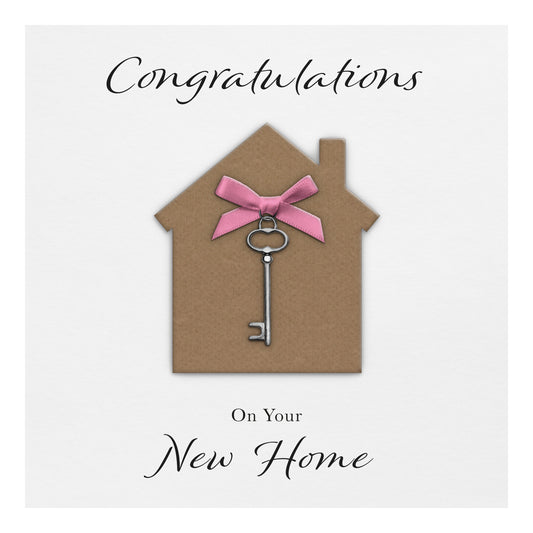 New Home Card (Key Charm & Bow) - White Cardstock - Pink Bow