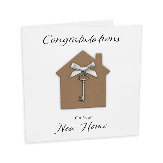 New Home Card (Key Charm & Bow) - White Cardstock - White Bow