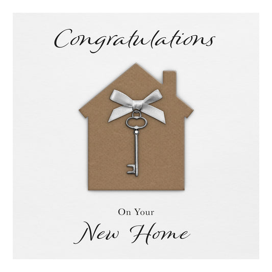 New Home Card (Key Charm & Bow) - White Cardstock - White Bow