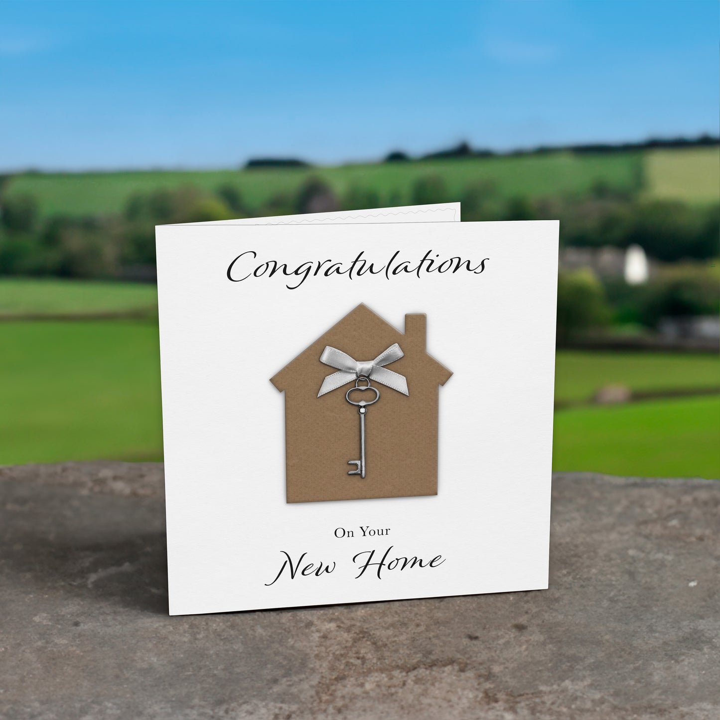 New Home Card (Key Charm & Bow) - White Cardstock - White Bow
