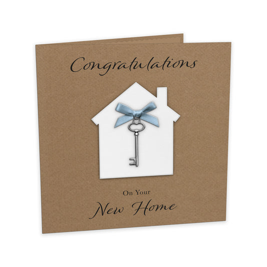 New Home Card (Key Charm & Bow) - Kraft Cardstock - Blue Bow