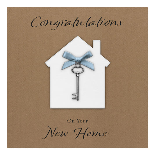 New Home Card (Key Charm & Bow) - Kraft Cardstock - Blue Bow