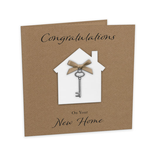 New Home Card (Key Charm & Bow) - Kraft Cardstock - Brown Bow