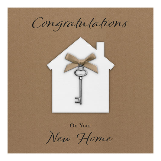 New Home Card (Key Charm & Bow) - Kraft Cardstock - Brown Bow