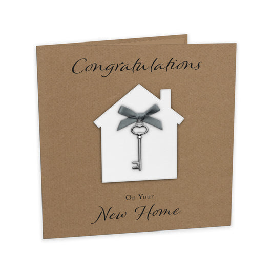 New Home Card (Key Charm & Bow) - Kraft Cardstock - Grey Bow