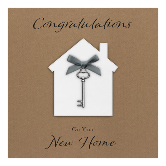 New Home Card (Key Charm & Bow) - Kraft Cardstock - Grey Bow