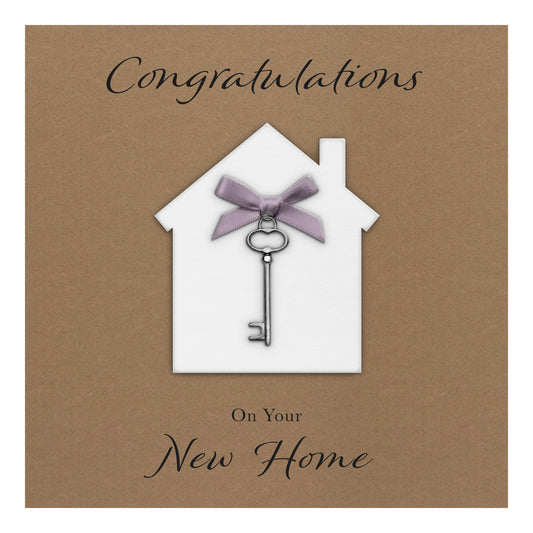 New Home Card (Key Charm & Bow) - Kraft Cardstock - Lilac Bow