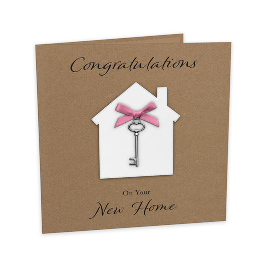 New Home Card (Key Charm & Bow) - Kraft Cardstock - Pink Bow
