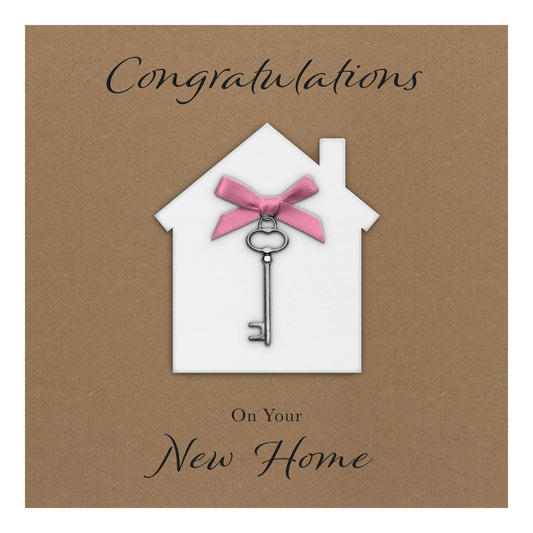 New Home Card (Key Charm & Bow) - Kraft Cardstock - Pink Bow