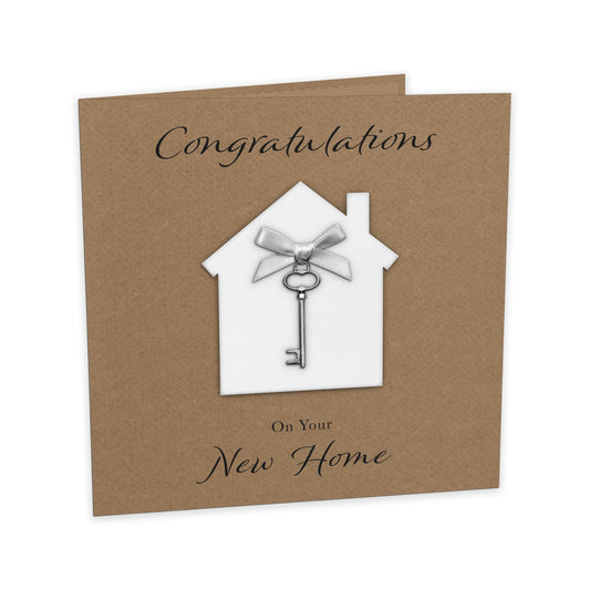 New Home Card (Key Charm & Bow) - Kraft Cardstock - White Bow