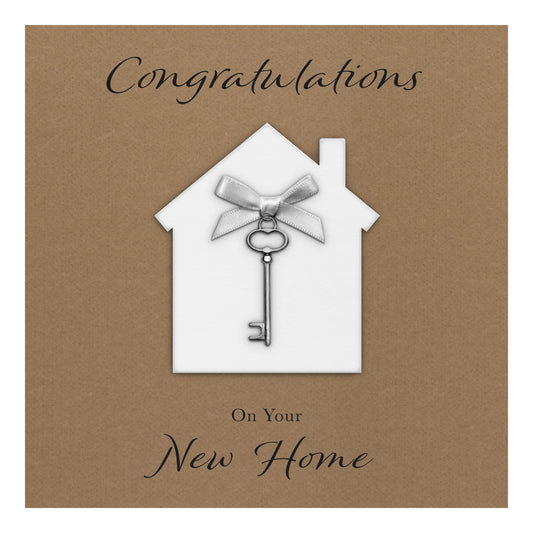 New Home Card (Key Charm & Bow) - Kraft Cardstock - White Bow