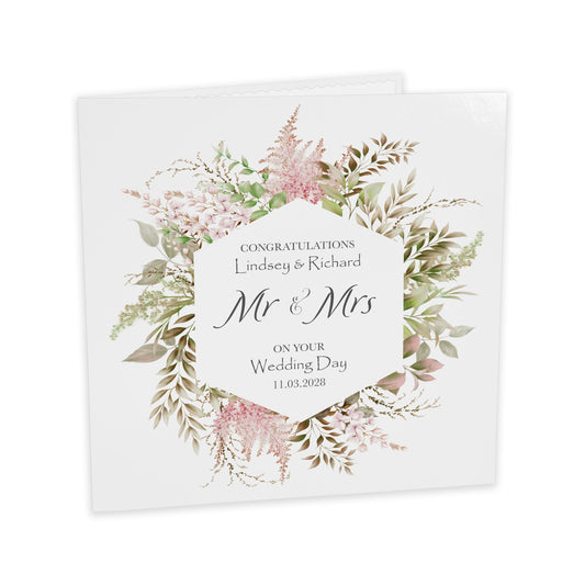Personalised Wedding Card (Mr & Mrs Wreath) - Pastel Pink