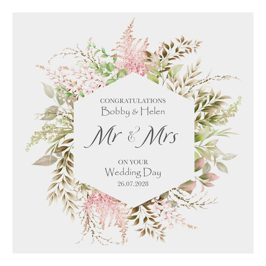Personalised Wedding Card (Mr & Mrs Wreath) - Pastel Pink