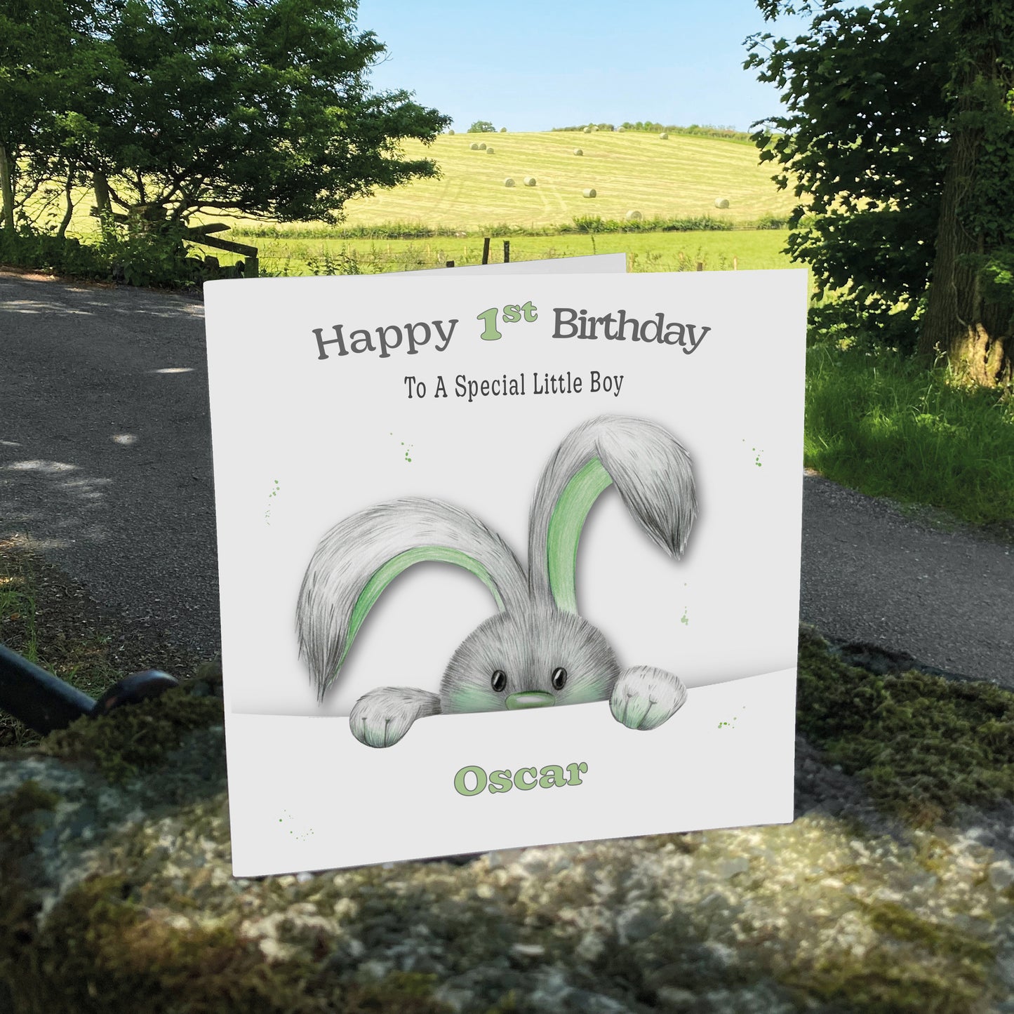 Personalised Birthday Card (Peeping Bunny) - Green