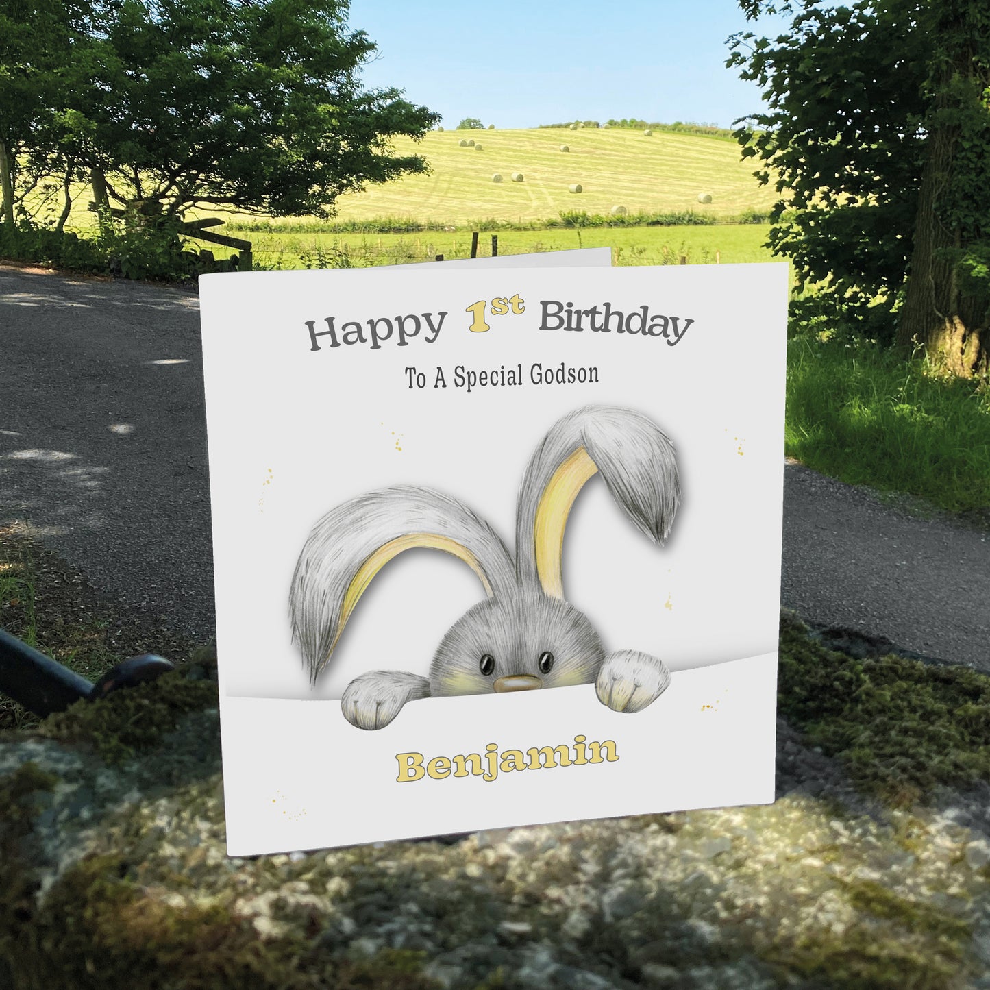 Personalised Birthday Card (Peeping Bunny) - Yellow