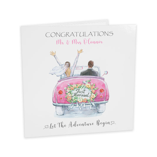 Personalised Wedding Card (Just Married, Car) - Pink