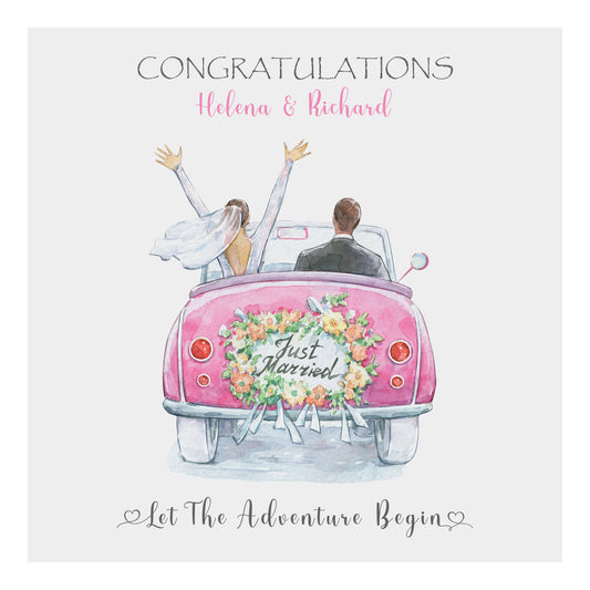 Personalised Wedding Card (Just Married, Car) - Pink