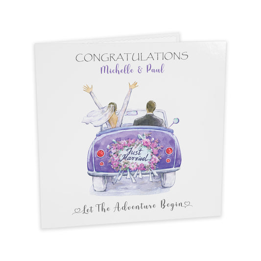 Personalised Wedding Card (Just Married, Car) - Purple