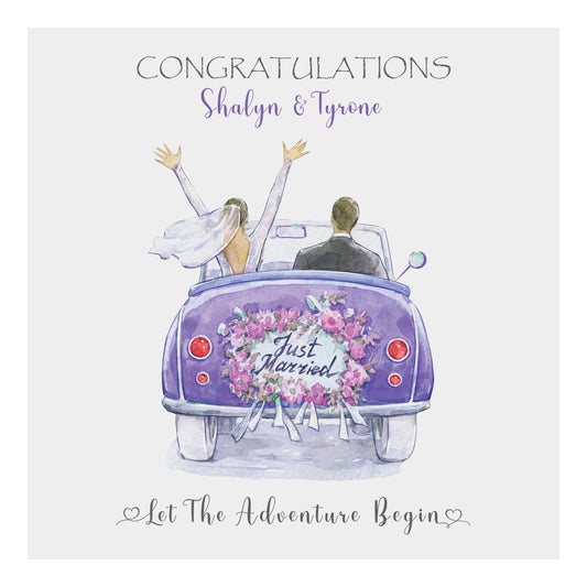 Personalised Wedding Card (Just Married, Car) - Purple