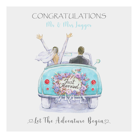 Personalised Wedding Card (Just Married, Car) - Turquoise