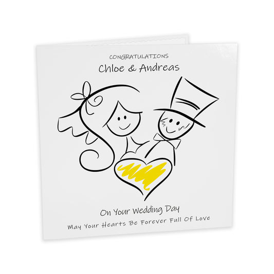 Personalised Wedding Card (Love Heart Couple) - Yellow
