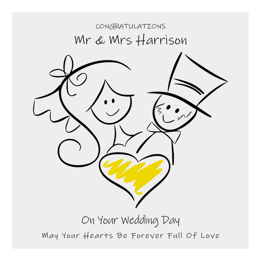 Personalised Wedding Card (Love Heart Couple) - Yellow