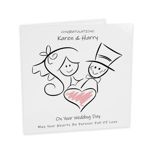 Personalised Wedding Card (Love Heart Couple) - Pink