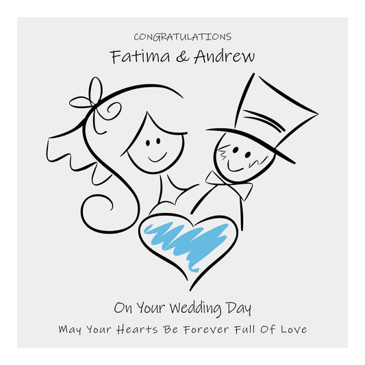 Personalised Wedding Card (Love Heart Couple) - Sky Blue