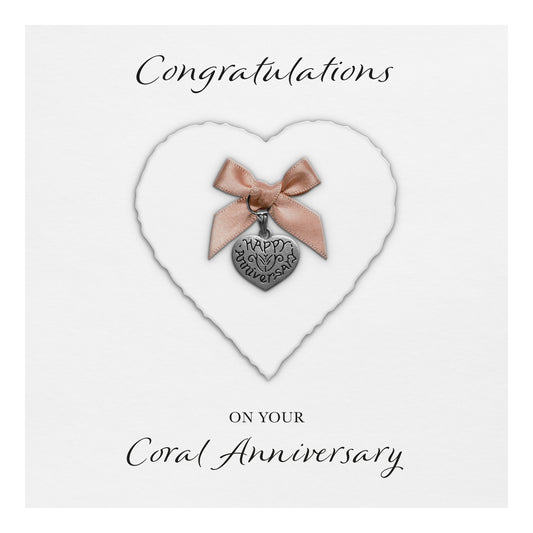 Coral 35th Anniversary Card (Heart Charm & Bow) - White Cardstock