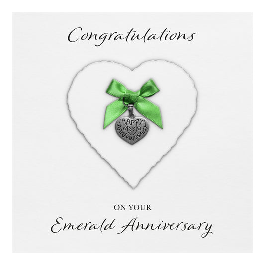 Emerald 55th Anniversary Card (Heart Charm & Bow) - White Cardstock
