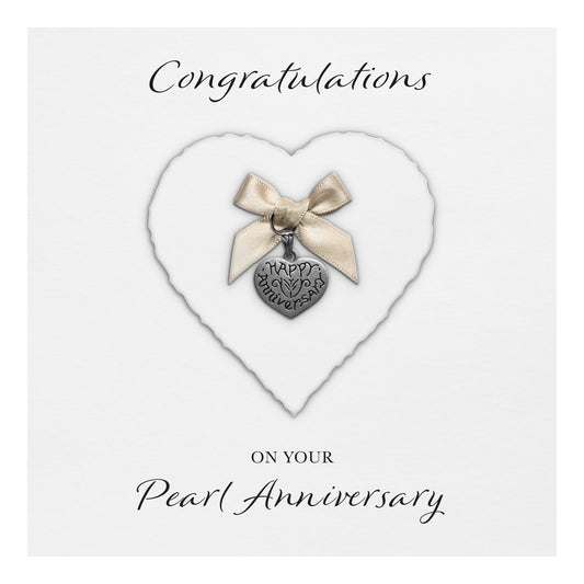 Pearl 30th Anniversary Card (Heart Charm & Bow) - White Cardstock