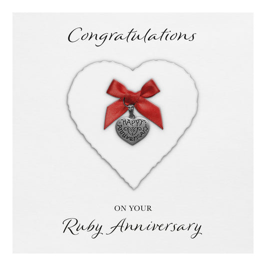 Ruby 40th Anniversary Card (Heart Charm & Bow) - White Cardstock