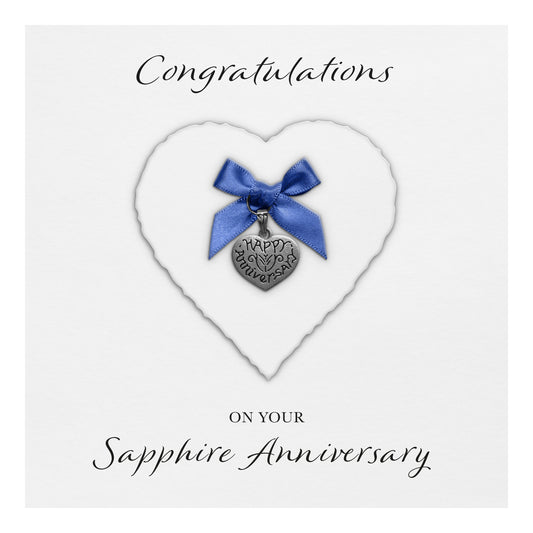 Sapphire 45th Anniversary Card (Heart Charm & Bow) - White Cardstock