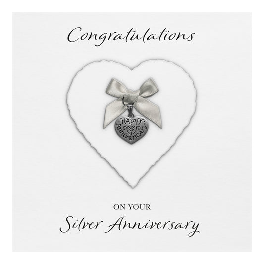 Silver 25th Anniversary Card (Heart Charm & Bow) - White Cardstock