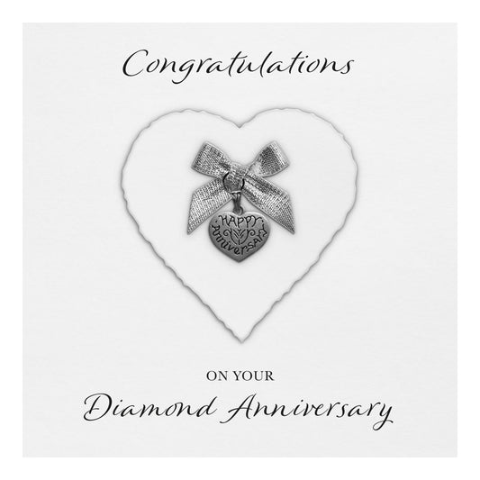 Diamond 60th Anniversary Card (Heart Charm & Bow) - White Cardstock