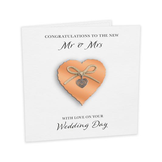 Wedding Day Card (Heart Charm & Bow) - Coral Heart / White Cardstock