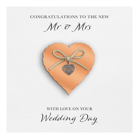 Wedding Day Card (Heart Charm & Bow) - Coral Heart / White Cardstock