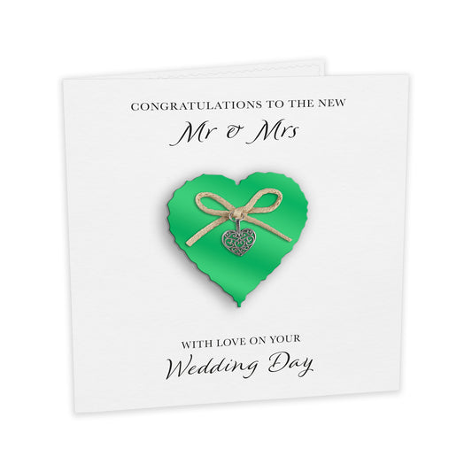 Wedding Day Card (Heart Charm & Bow) - Emerald Heart / White Cardstock