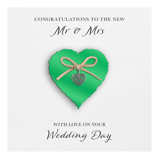 Wedding Day Card (Heart Charm & Bow) - Emerald Heart / White Cardstock
