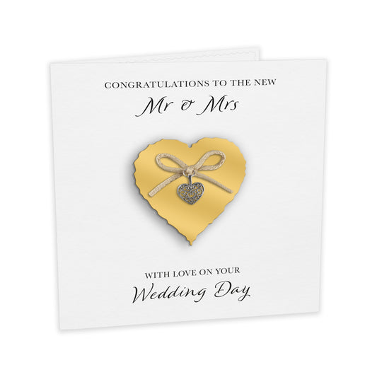 Wedding Day Card (Heart Charm & Bow) - Gold Heart / White Cardstock