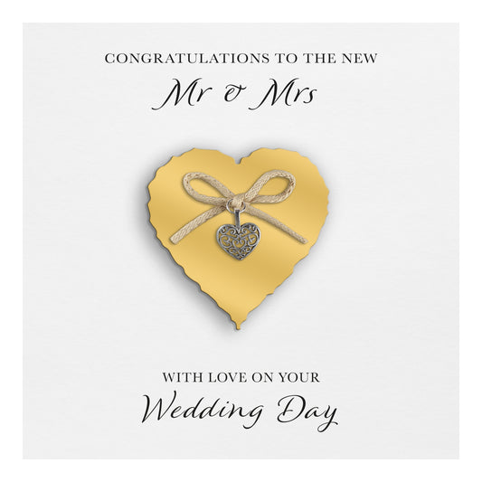 Wedding Day Card (Heart Charm & Bow) - Gold Heart / White Cardstock